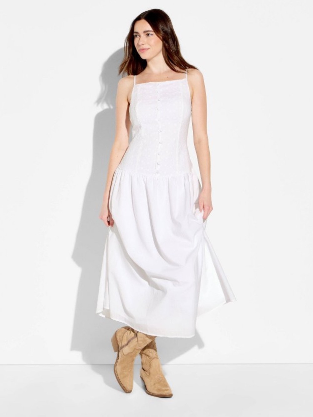 Wild Fable Women's High Neck Dropped Waist Midi A-Line Dress White L (NWT)